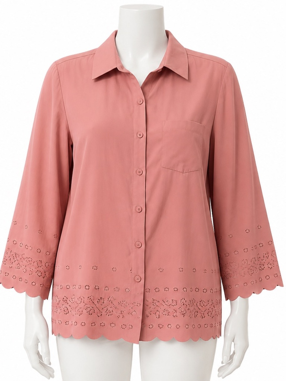 BFA Classics Women’s 1X Pink Eyelet Tunic Blouse Scallop Hem 3/4 Sleeve